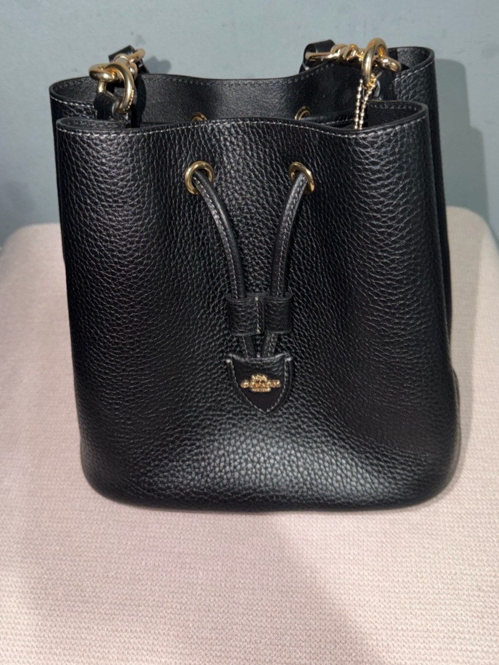 Black Leather Drawstring Bucket Bag